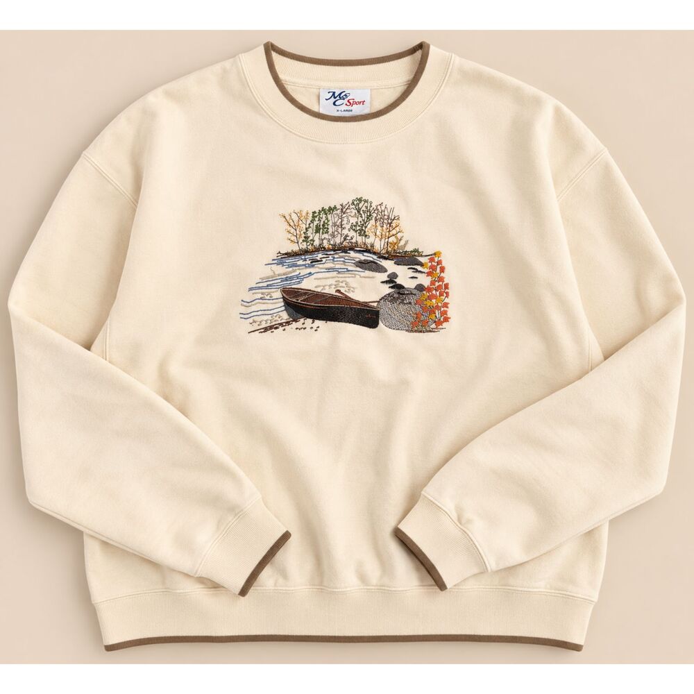 Vintage MC Sport Embroidered Canoe Crewneck Sweatshirt Cream Outdoor 90s Brand